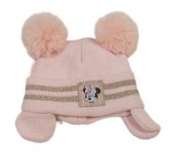 Růžová pletená čepice s Minnie a bambulemi Disney