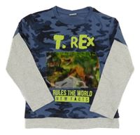 Modré vzorované triko s dinem a šedými rukávy Kiki&Koko