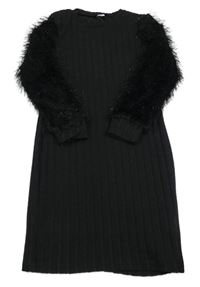 Černé žebrované úpletové šaty s chlupatými třpytivými rukávy Shein