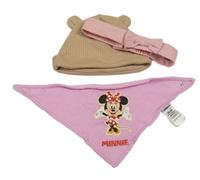 3 set - béžová čepice + růžový froté slinták + růžová čelenka s mašlí 