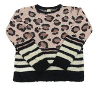 Růžovo-černo-bílý chlupatý svetr s pruhy a leopardím vzorem C&A