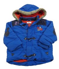 Modrá šusťáková zimní bunda s Mickeym a kapucí s kožešinou Disney