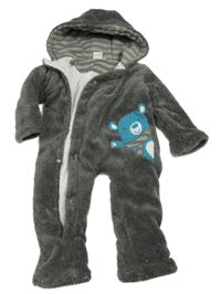 Šedá melírovaná plyšová zateplená kombinéza s medvídkem a kapucí 