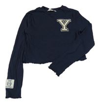 Tmavomodré žebrované crop triko s písmenem H&M