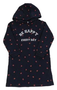 Tmavomodré teplákové šaty se srdíčky a nápisem a kapucí Vertbaudet