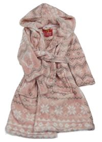 Růžovo-šedo-bílý plyšový župan s norským vzorem a kapucí 