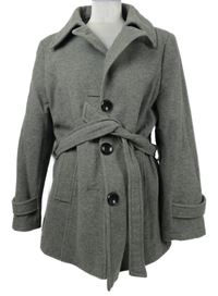Dámský šedý vlněný kabát s páskem 