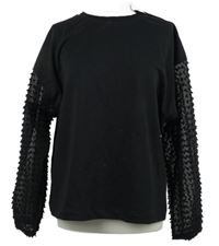 Nové - Dámská černá mikina se šifonovými rukávy s bambulkami Primark