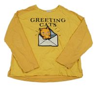 Žluto-oranžové triko s nápisem a 3D kočkou Zara