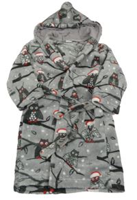 Šedý chlupatý župan se sovami a kapucí kids