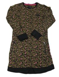 Khaki-černo-růžové vzorované teplákové šaty s nápisem