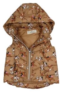 Hnědá prošívaná šusťáková zateplená vesta s pejsky a odepínací kapucí H&M