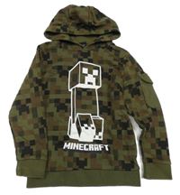 Khaki-hnědá kostkovaná mikina s potiskem a kapucí - Minecraft