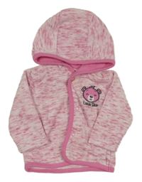 Růžovo-bílá melírovaná sametová propínací mikina s medvědy a kapucí 
