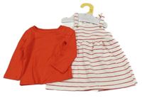 Nové - 2set - Smetanovo-červené pruhované teplákové laclové šaty + červené žebrované triko Primark