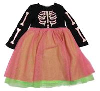 Kostým - Černo-růžové bavlněno/tylové šaty s kostlivcem Primark