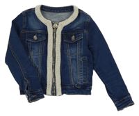 Tmavomodrá crop riflová bunda s perličkami 