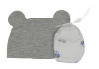 2set -  Šedá čepice s ušima + bílé rukavice s auty