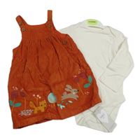 Nové - 2set - Rezavé manšestrové šaty se zvířátky + bílé body M&S