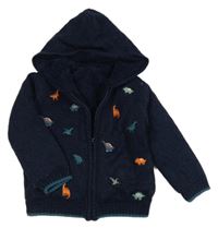 Tmavomodrý propínací zateplený svetr s dinosaury a kapucí Nutmeg