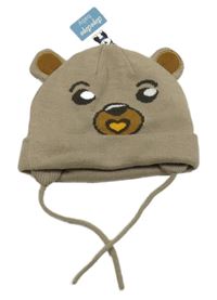 Nové- Béžová pletená podšitá čepice s medvídkem Dopodopo 