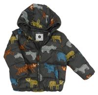 Tmavošedá šusťáková prošívaná zimní bunda se zvířátky a kapucí Tu