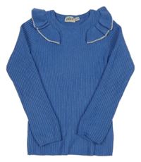 Modrý žebrovaný svetr s volánky Alive