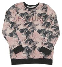 Růžovo-šedá květovaná mikina s nápisem z flitrů F&F