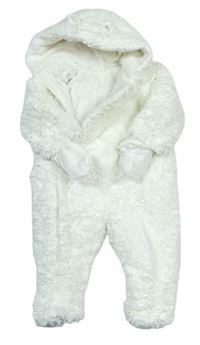 Bílá chlupatá zateplená kombinéza s kapucí s oušky + rukavice Mothercare