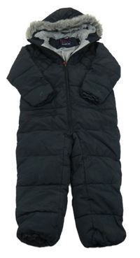 Tmavomodrá prošívaná šusťáková zimní kombinéza s kapucí s kožešinou Next