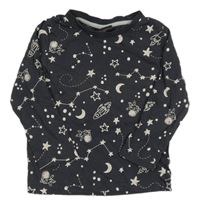 Tmavošedé pyžamové triko s raketami a kosmonauty a hvězdičkami