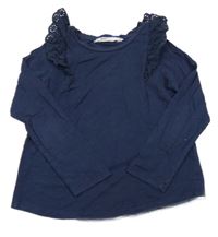 Tmavomodré melírované triko s volánky s madeirou H&M