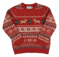 Červeno-smetanový melírovaný vzorovaný svetr s vánočními stromečky a soby PRIMARK