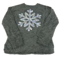 Tmavošedý chlupatý svetr s vločkou z flitrů C&A