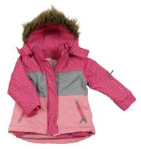 Tmavorůžovo-šedo-růžová šusťáková zimní lyžařská bunda se srdíčky a kapucí s kožešinou Topolino