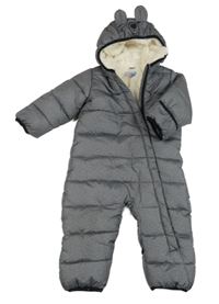 Tmavošedo melírovaná prošívaná šusťáková zimní kombinéza s kapucí - medvídek Lily & Dan