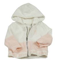 Bílo-světlerůžová žebrovaná sametová propínací mikina s logy a kapucí RIVER ISLAND