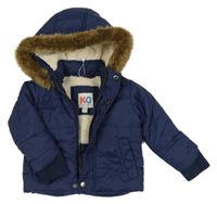 Tmavomodrá prošívaná šusťáková přechodová bunda s kapucí s kožešinou KD