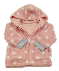 Růžovo-bílo-šedá puntíkatá huňatá podšitá bunda s kapucí Topomini