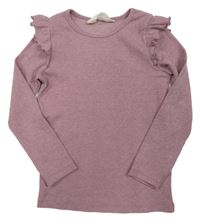 Starorůžové melírované žebrované úpletové mikinotriko se třpytkami a volánky H&M