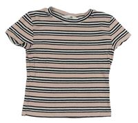 Růžovo-černo-bílé pruhované žebrované crop tričko H&M