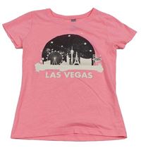 Neonově růžové tričko s potiskem - Las Vegas