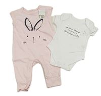 2set - Světlerůžový overal s králíkem + bílé body s nápisem