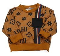 Hnědá vzorovaná mikina s pruhy a kapsou