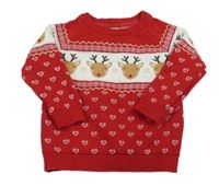 Červeno-bílý svetr se soby a srdíčky Primark