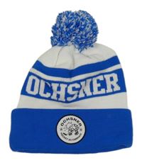 Modro-bílá čepice s nášivkou a bambulí