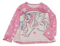 Růžové pyžamové triko s jednorožcem a hvězdami