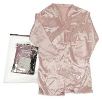 Nové - 3set - Růžový saténový župan + šerpa + čelenka s nápisem