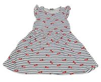 Bílo-tmavomodré pruhované bavlněné šaty s třešněmi Primark