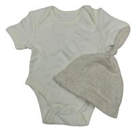 2set - Smetanové body + béžová melírovaná bavlněná čepice